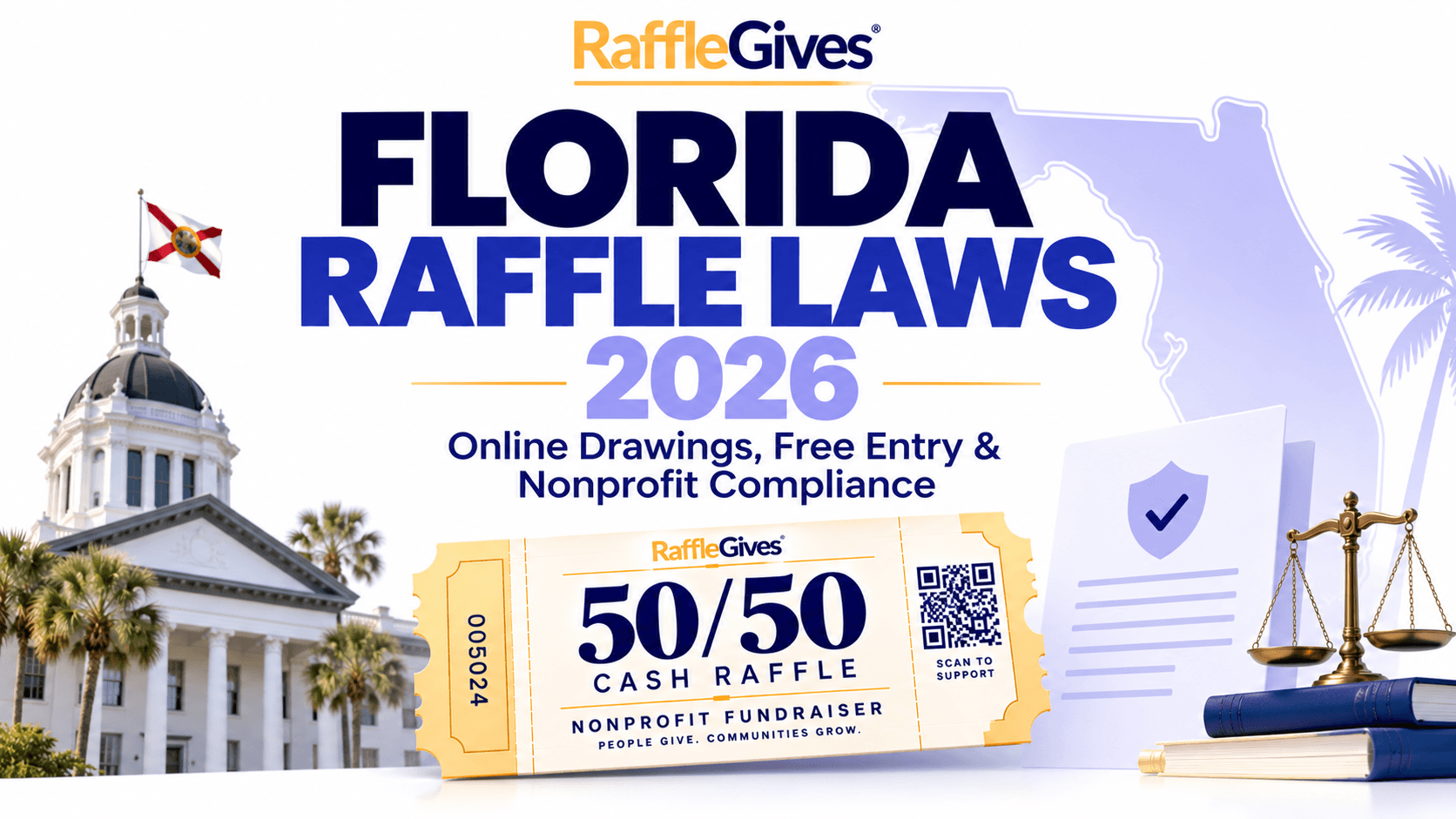 Florida raffle laws 2026 nonprofit compliance guide featuring a digital raffle ticket, Florida state outline, and information about online drawings and free-entry requirements.
